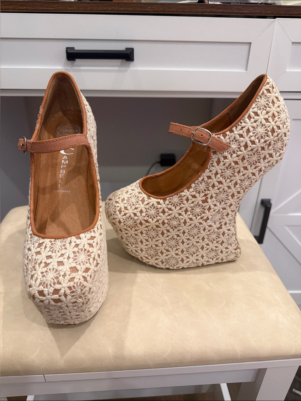 Jeffrey Campbell Cream Crochet Mary Jane Platform Pumps with Tan Trim